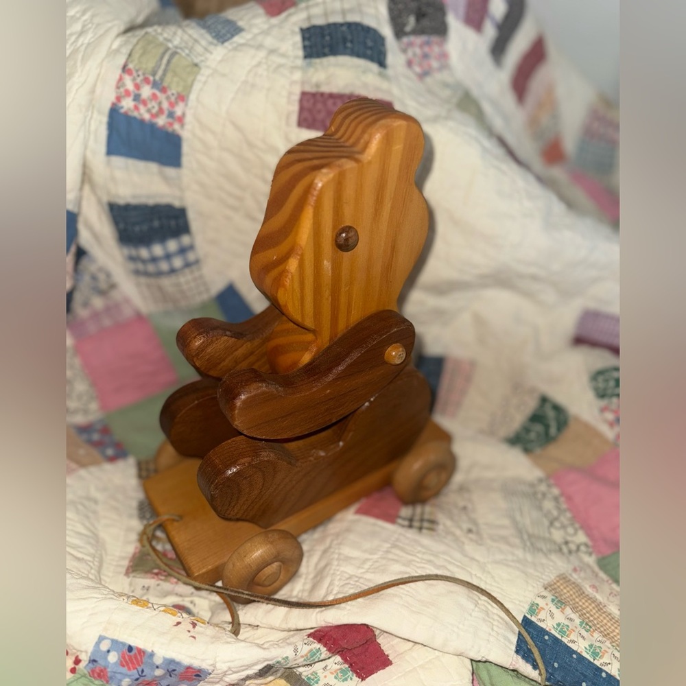 Vintage Handmade Wooden Pull-Along Bear Toy Decor